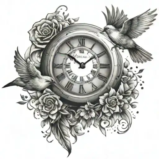 timepiece fading birds flying away tattoo design idea