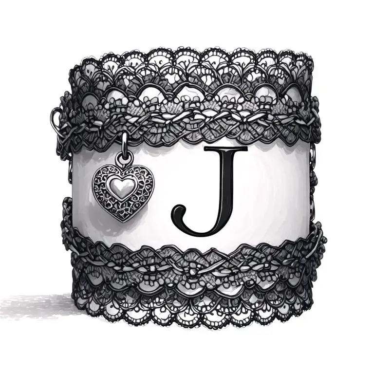lace bracelet with heart charm initials J tattoo design idea