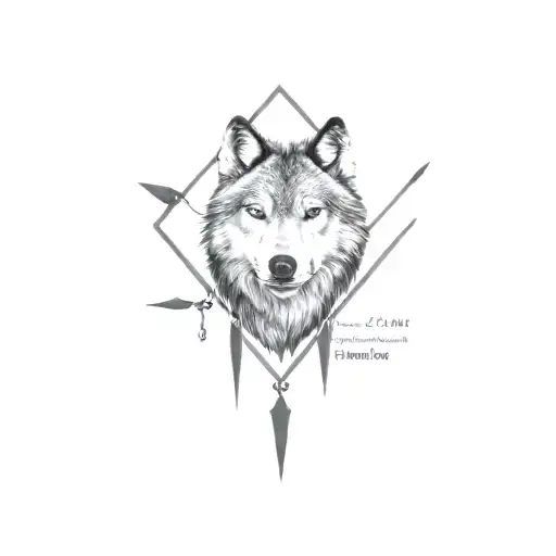 half wolf head with eye on opposite side along with mountains and sled dogs an arrow going through with quote text tattoo design idea