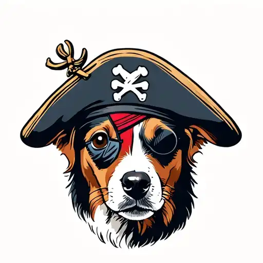 Sailor Jerry Style jack russel dog, only the face, wearing a pirate hat and an eye patch on its right eye, both ears  tattoo design idea