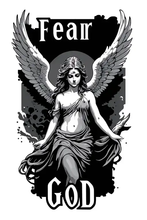 "Fear God" angel with wings spread tattoo design idea