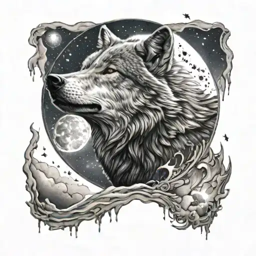 A black-grey tattoo of a wolf howling at the moon with the universe reflected in its eyes tattoo design idea