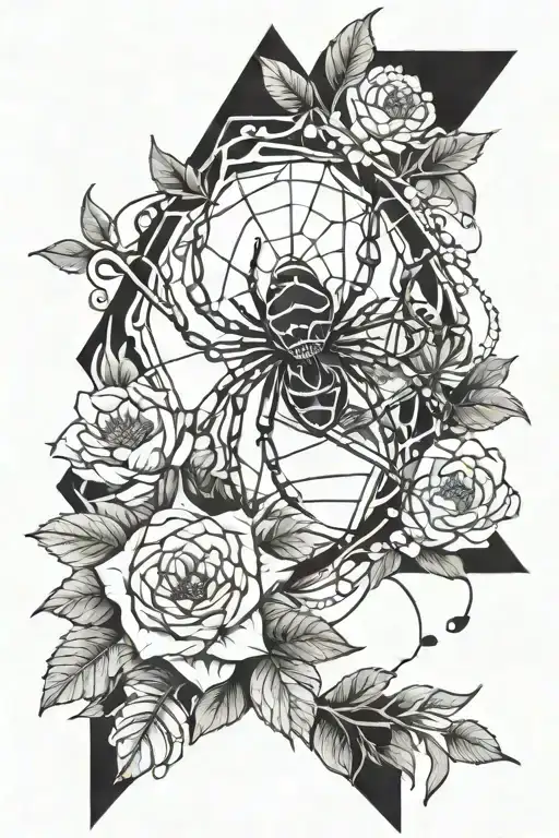 A tattoo design featuring a spider weaving its web among a variety of plants and flowers, with arrows intertwined in the background tattoo design idea