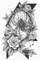 A tattoo design featuring a spider weaving its web among a variety of plants and flowers, with arrows intertwined in the background tattoo design idea