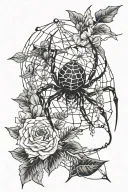 A tattoo design featuring a spider weaving its web among a variety of plants and flowers, with arrows intertwined in the background tattoo design idea