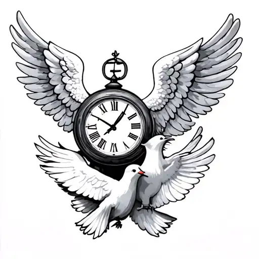 memorial tattoo featuring a Guardian angel, clock face depicting 10:20am, the number 13 and white doves tattoo design idea