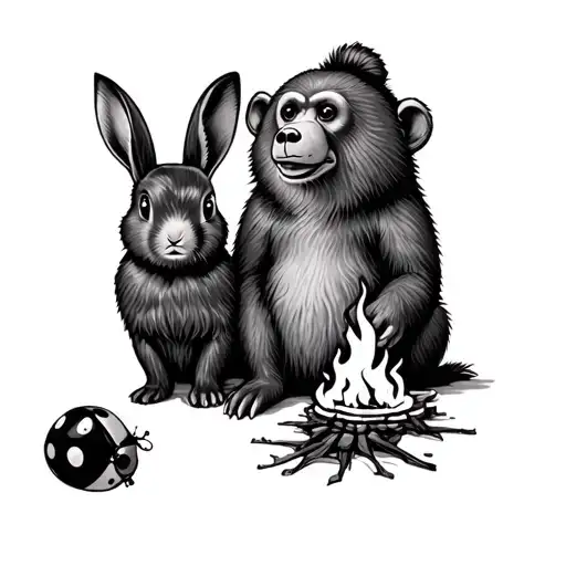 a bear, a rabbit, a monkey, and a ladybug sitting by a fire tattoo design idea