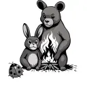 a bear, a rabbit, a monkey, and a ladybug sitting by a fire tattoo design idea