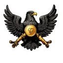 black eagle with wings spread with fully golden can in first leg and  golden stick in the second pal on dark background tattoo design idea