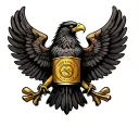 black eagle with wings spread with fully golden can in first leg and  golden stick in the second pal on dark background tattoo design idea