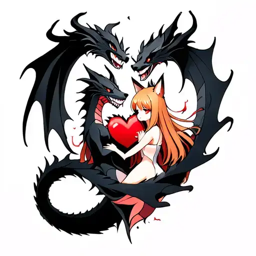 tattoo of a black dragon wrapped around a shattered heart held by an anime fox girl tattoo design idea