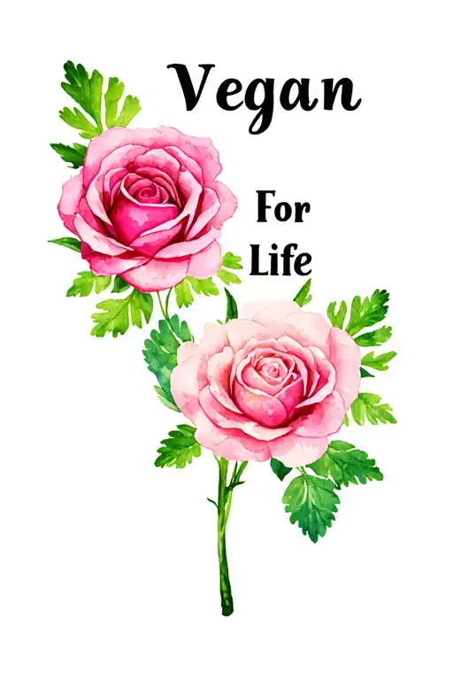 Embed the text "Vegan for Life" with leaves from cilantro, rose, and jasmine plants tattoo design idea