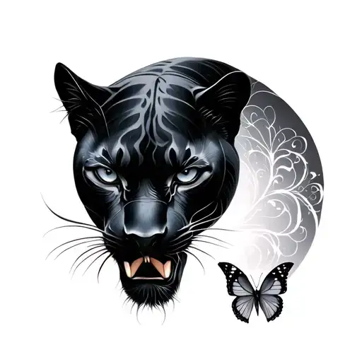 black panther yin and butterflies yang tattoo design idea