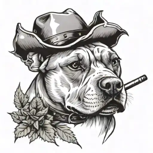Pitbull dog wearing a cowboy hat and a marijuana leaf shaped guitar  tattoo design idea