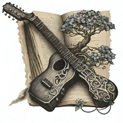tree of life growing out of an open book. a guitar leaning against the tree. morning glory flowers  tattoo design idea