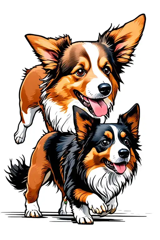 two dogs playing running alongside one corgi one border collie tattoo design idea