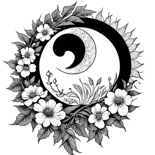 vine sleeve with flowers growing and sun and moon mandala facing forward  tattoo design idea