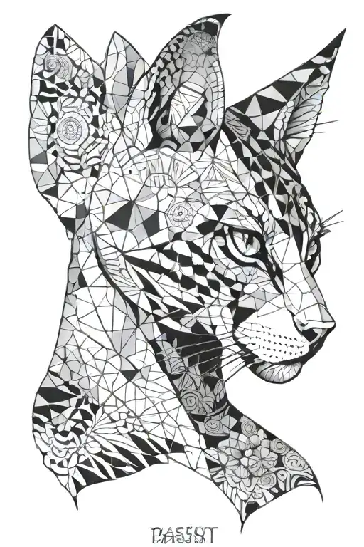 A realism tattoo of a tortoiseshell cat as bastet with ancient egyptian mandala and architecture background tattoo design idea
