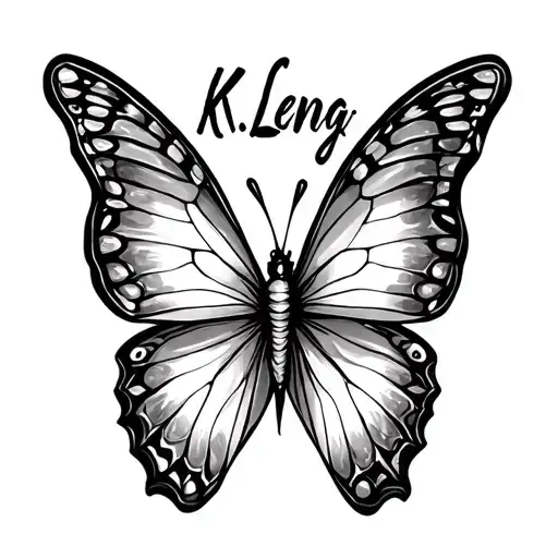 "K.Leng" written in cursive font as a signature with a butterfly as a finish at the end of the sign witha semicolon body tattoo design idea