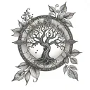 astrology symbols intertwined and tree branch tattoo design idea