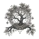 astrology symbols intertwined and tree branch tattoo design idea