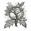 astrology symbols intertwined and tree branch tattoo design idea