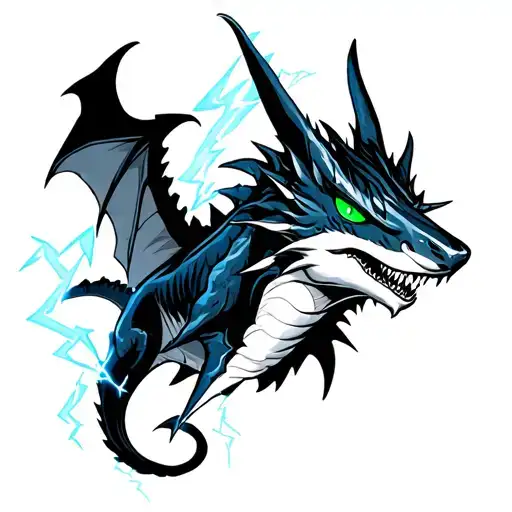 a Black dragon with bright green eyes surrounded by lightning and a silver shark with bright blue eyes tattoo design idea