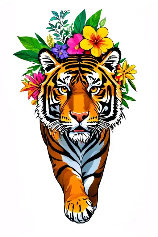 tiger walking through bouquet of native Hawaiian flowers tattoo design idea