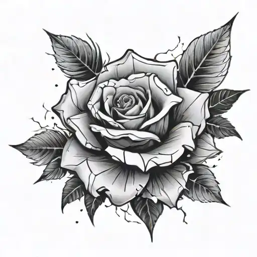 A half sleeve black and white tattoo with some shattered glass pieces on the elbow and on the oposite inside a rose made tattoo design idea