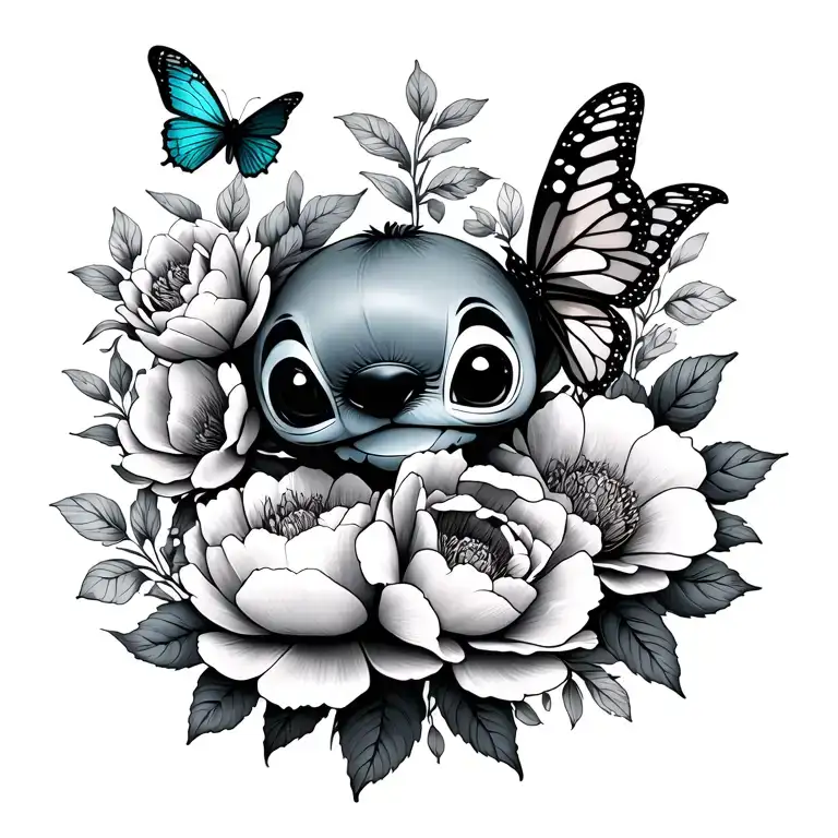 little stitch and peonies and butterfly tattoo design idea