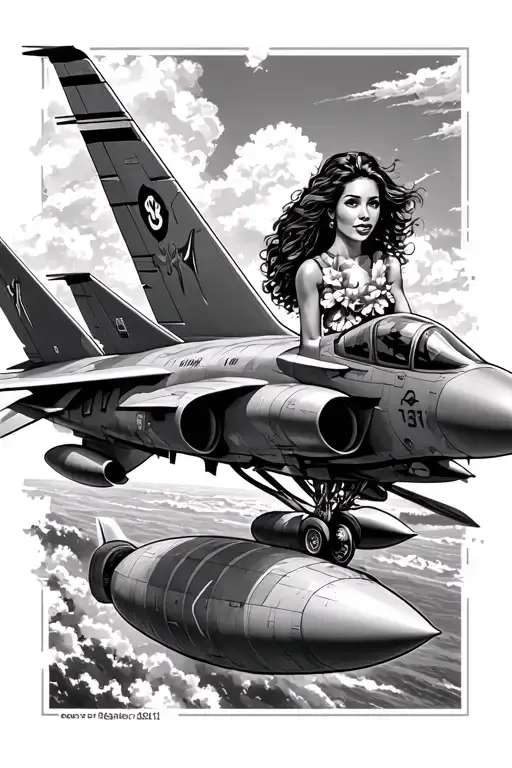 Air Force fighter jet tribute withHawaiian girls riding bombs tattoo design idea