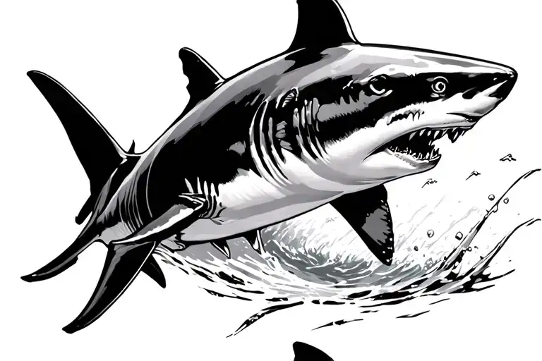 bull shark swimming side view with shadow siluet running side tattoo design idea