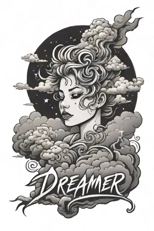 "dreamer" writting with cloud and thunder cloud tattoo design idea