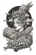 "dreamer" writting with cloud and thunder cloud tattoo design idea