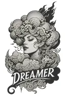 "dreamer" writting with cloud and thunder cloud tattoo design idea