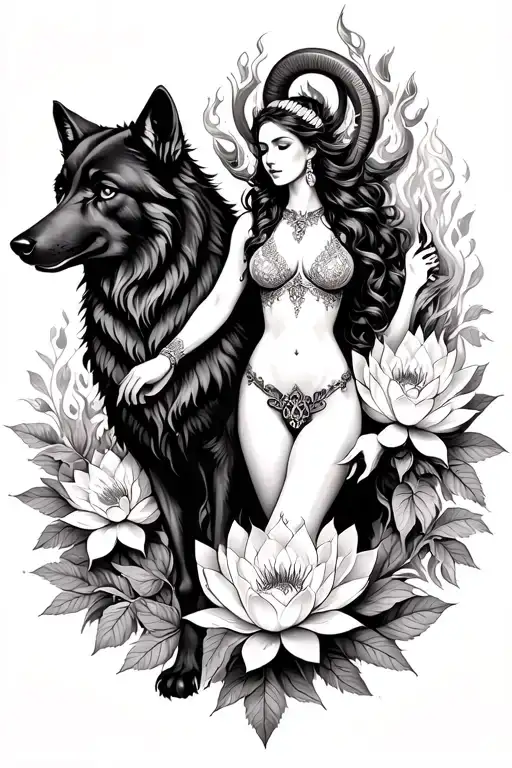 Aries sexy goddess surrounded by poeny and lotus flowers and black wolf holding fire tattoo design idea