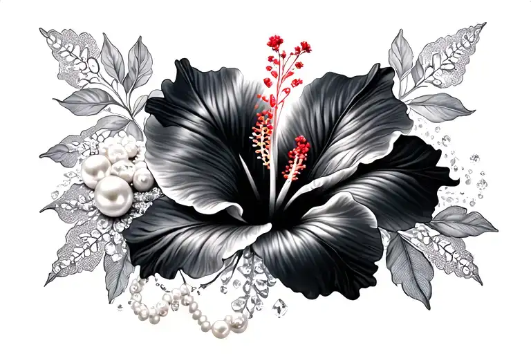 Hibiscus pearls and lace in pocket wash in diamonds tattoo design idea