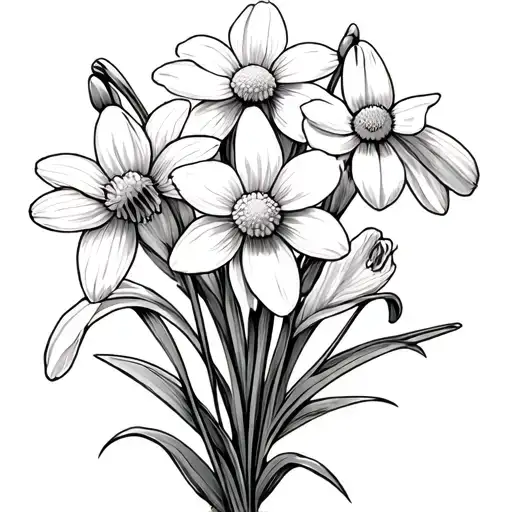 Snowdrop And Daffodil and daisy flower bouquet tattoo design idea