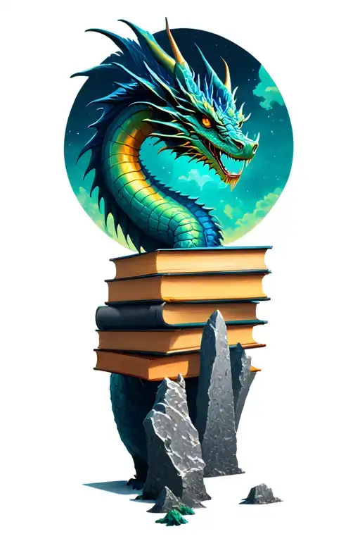 books and dragons and standing stones tattoo design idea