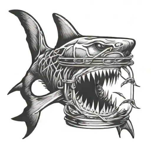 shark jar with barbed wire wrapped around its jaw  tattoo design idea