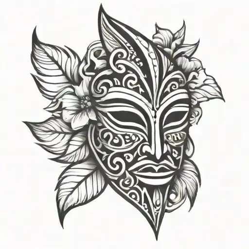 easy to draw wooden tribal mask with a flower background tattoo design idea