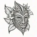 easy to draw wooden tribal mask with a flower background tattoo design idea
