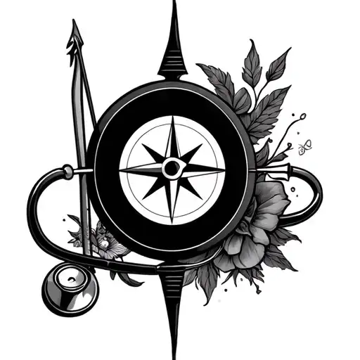 target face with bow compass rose bow arrow stethoscope and needle  tattoo design idea