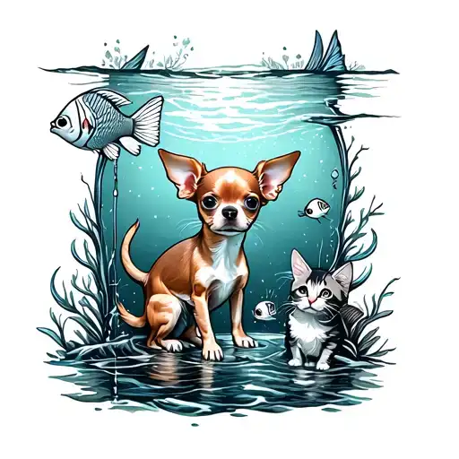 A whimsical design of a Chihuahua fishing in a dreamy underwater world surrounded by cats and angel fish tattoo design idea