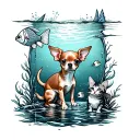 A whimsical design of a Chihuahua fishing in a dreamy underwater world surrounded by cats and angel fish tattoo design idea