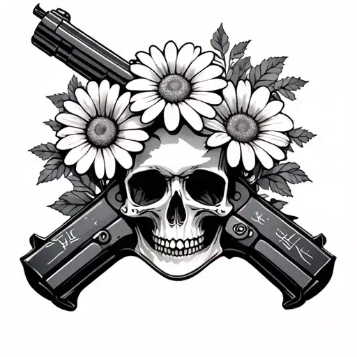 daisies and skull and gun wrapped length wise tattoo design idea
