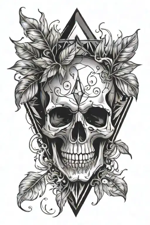 skull inside a diamond with leaves pouring out tattoo design idea
