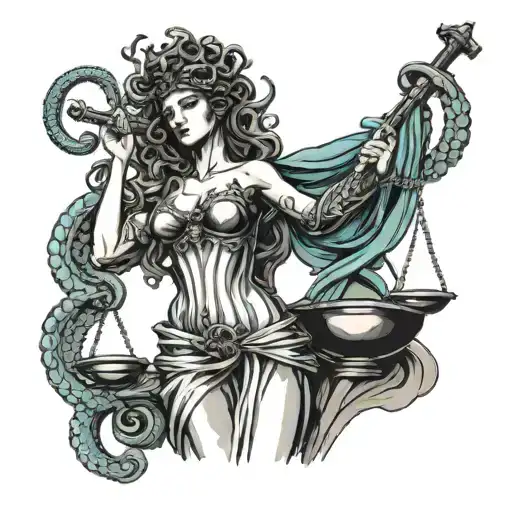 combine Lady Justice, because of the meaning and her blindfold; Medusa but with octopus tentacles  tattoo design idea