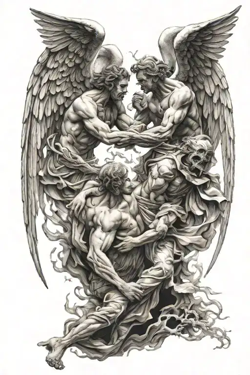 angels vs demons fighting over a man's soul tattoo design idea