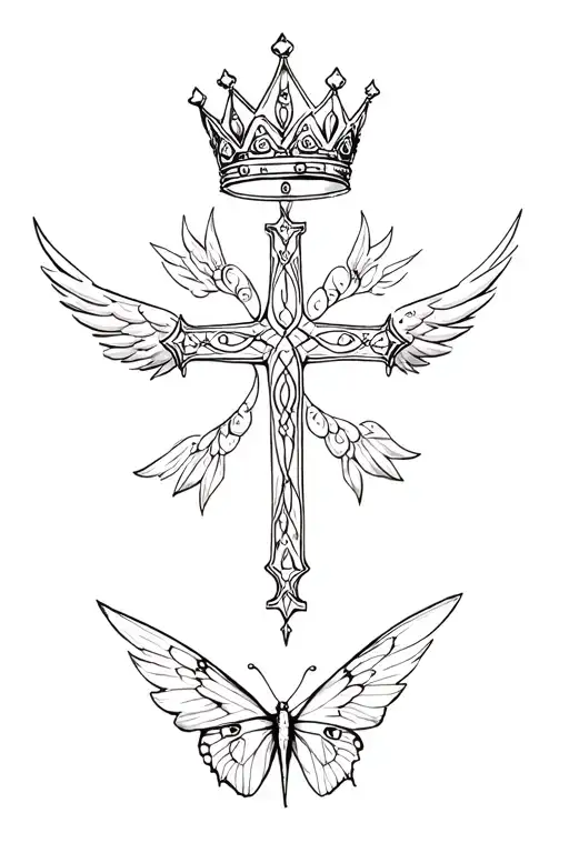 Cross with wings and princess crown on top and a butterfly sketched in the background  tattoo design idea